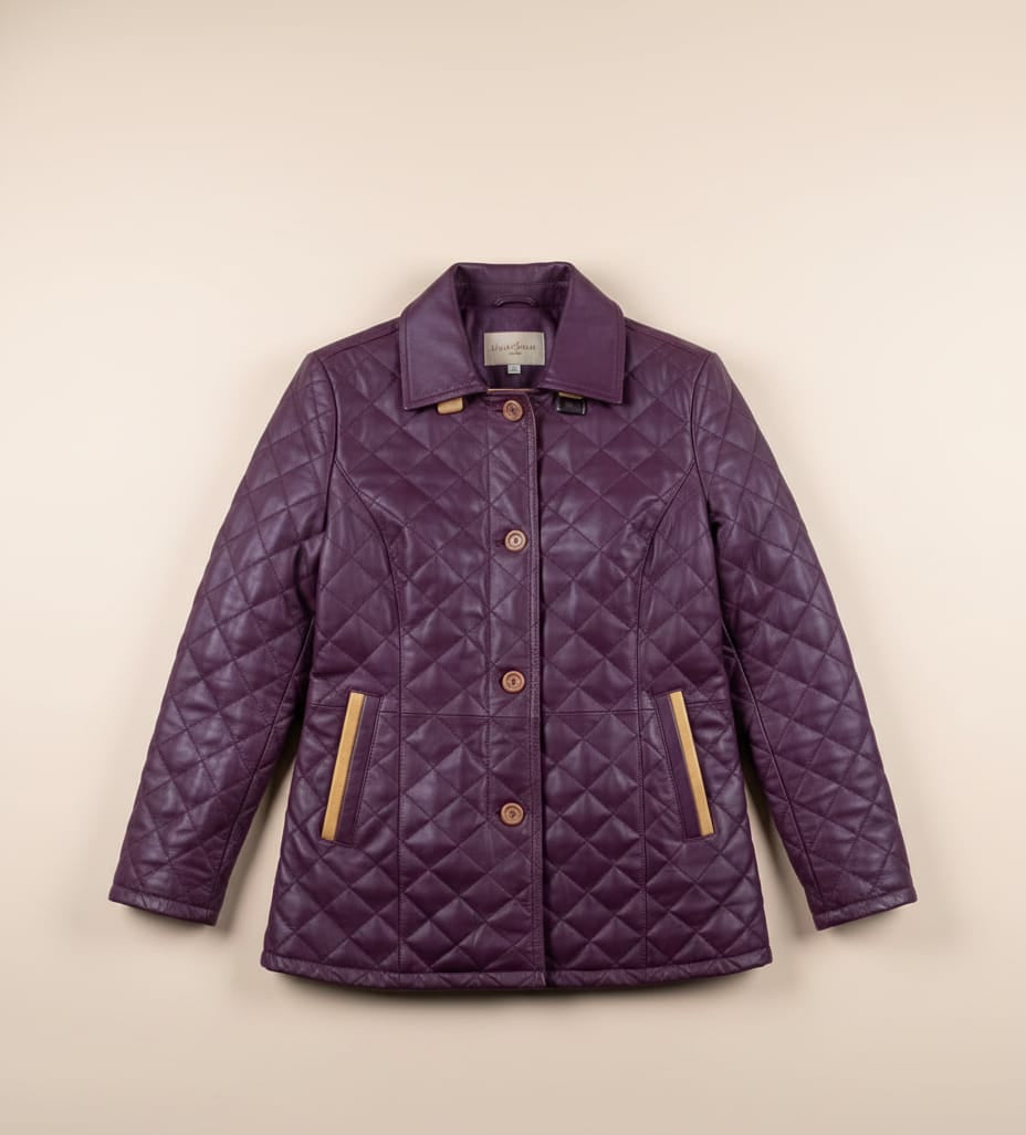 42 – Pflaumenfarbener gesteppter Winterledermantel für Damen – Stilvoller Komfort