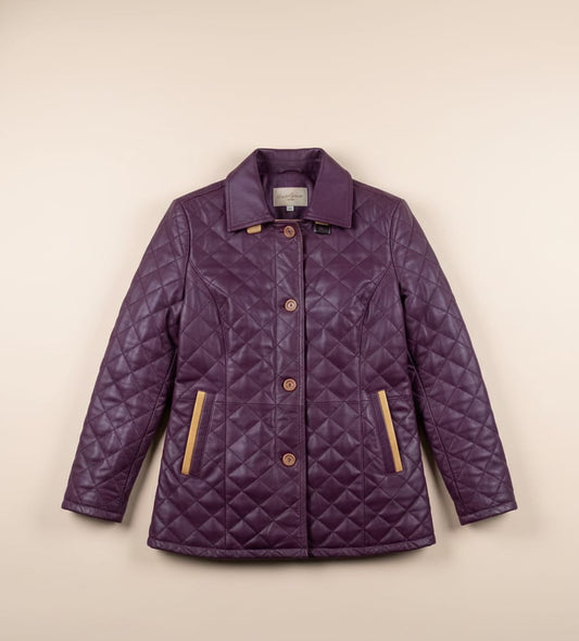 42 - Women’s Plum Quilted Winter Leather Coat – Stylish Comfort