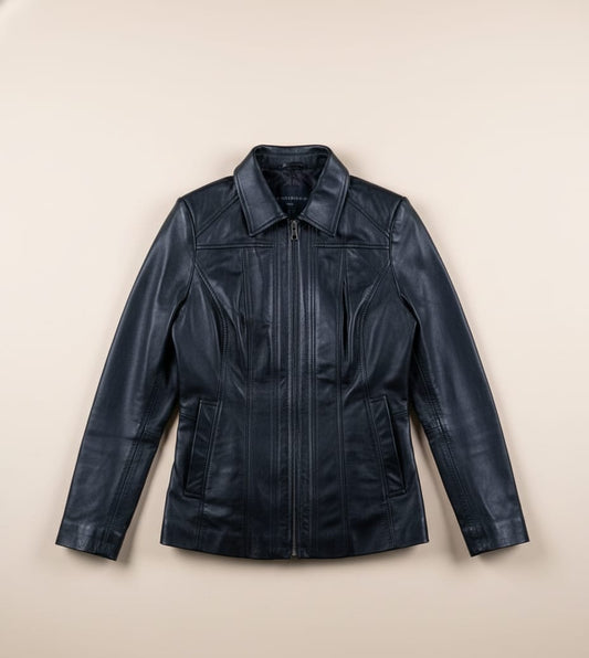 37 - Women’s Black Mid-Length Leather Jacket – Classic Elegance