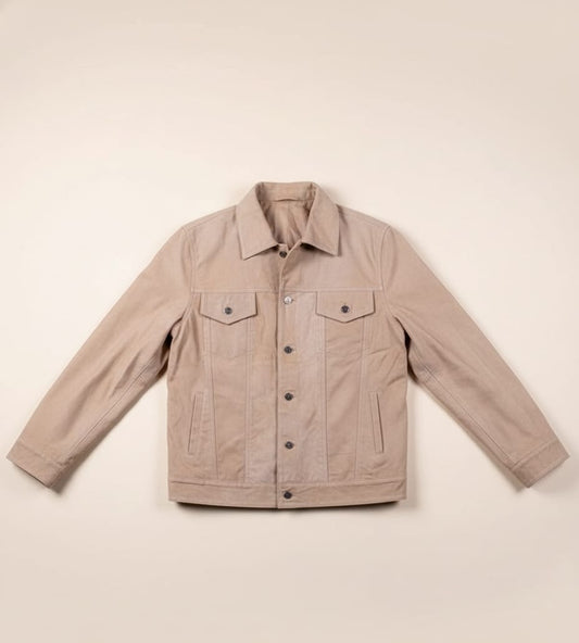 52 - Khaki Trucker Leather Jacket for Men