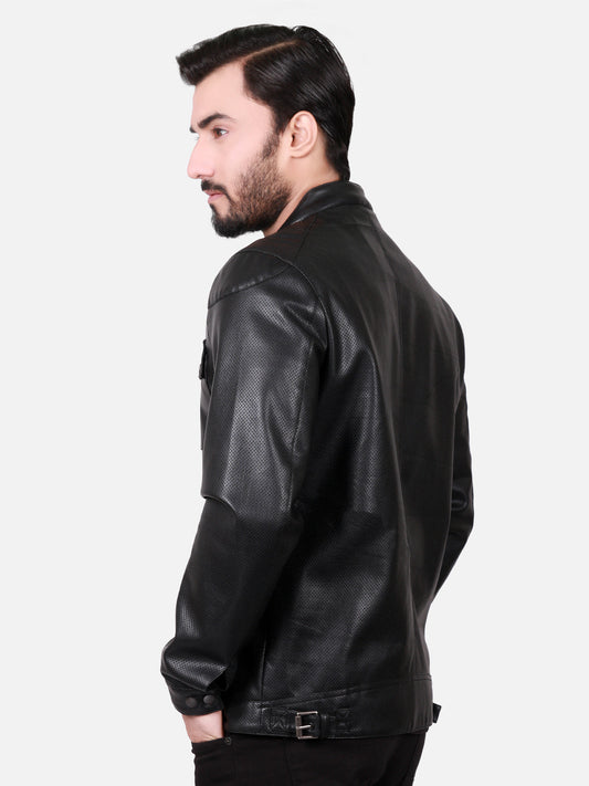 130 - Perforated Black Leather Biker Jacket