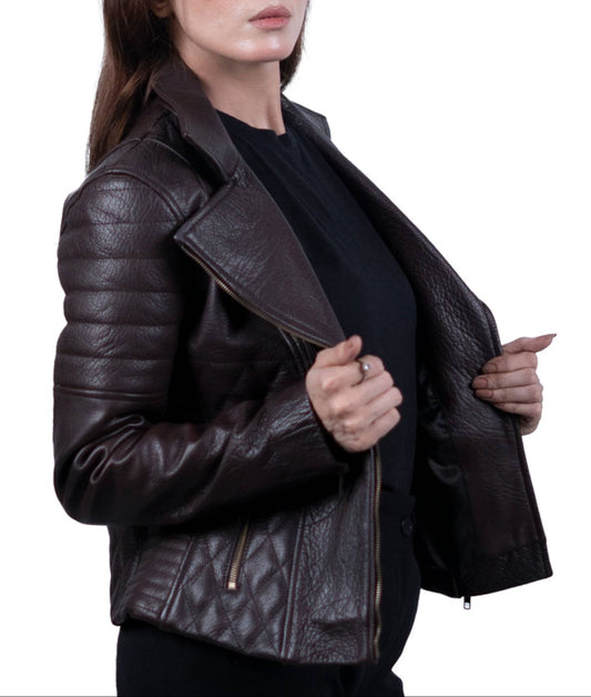 02 - Women’s Dark Brown Textured Leather Biker Jacket – Rugged Elegance
