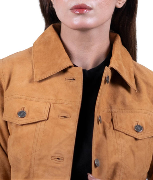 04 - Women’s Tan Suede Button-Up Jacket – Casual Chic