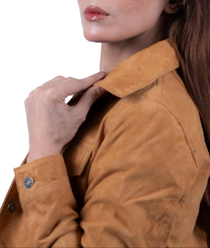 04 - Women’s Tan Suede Button-Up Jacket – Casual Chic