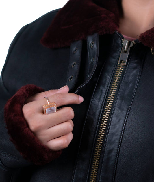 06 - Women’s Black Shearling Leather Jacket with Maroon Fur Trim – Winter Essential