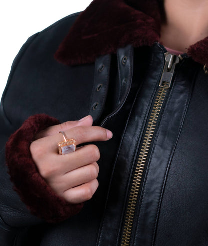 06 - Women’s Black Shearling Leather Jacket with Maroon Fur Trim – Winter Essential
