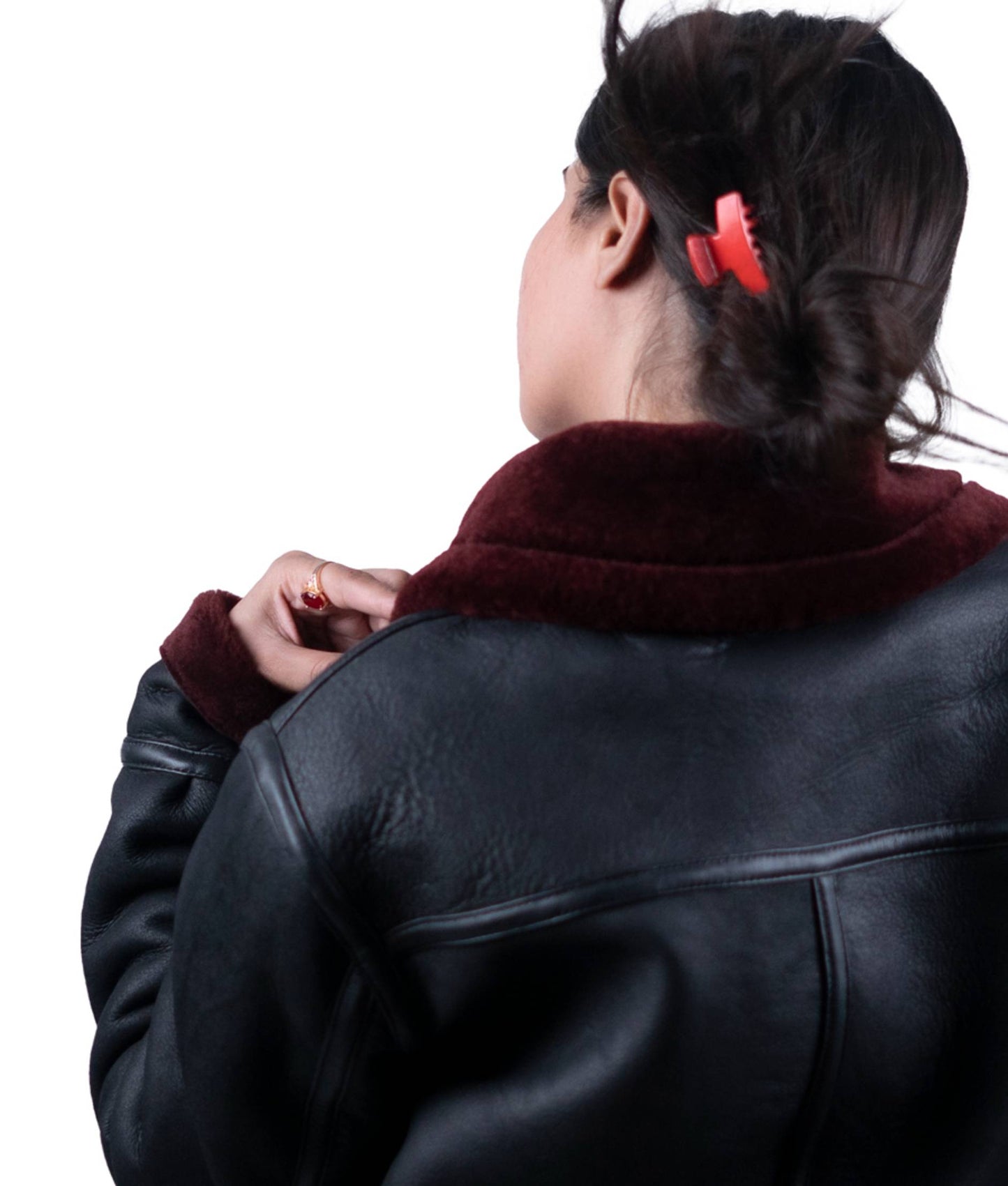 06 - Women’s Black Shearling Leather Jacket with Maroon Fur Trim – Winter Essential
