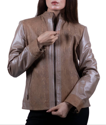07 - Women’s Beige Textured Leather Jacket – Chic & Versatile