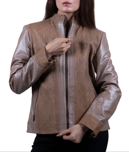 07 - Women’s Beige Textured Leather Jacket – Chic & Versatile