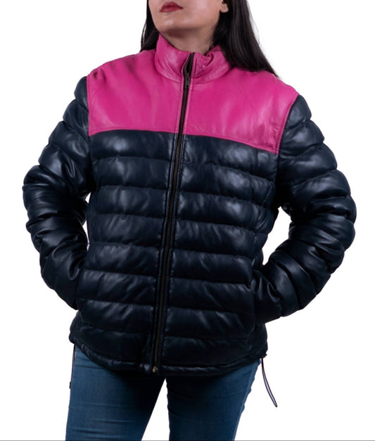 08 - Women’s Black and Pink Puffer Leather Jacket – Bold & Cozy
