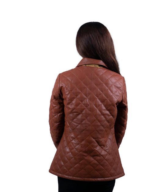 09 - Women’s Brown Quilted Leather Coat – Elegant Warmth
