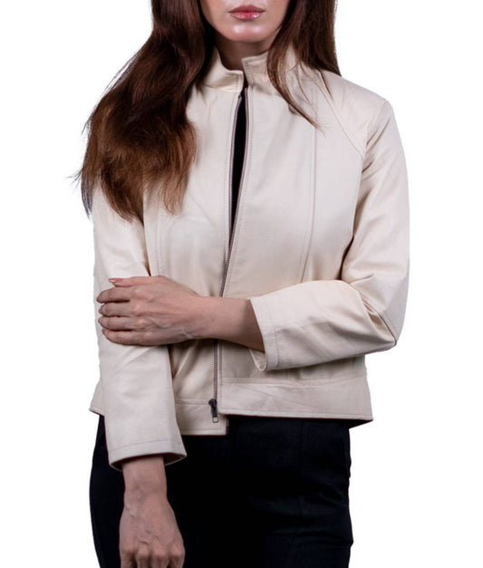 12 - Women’s Beige Leather Jacket – Minimalist Chic
