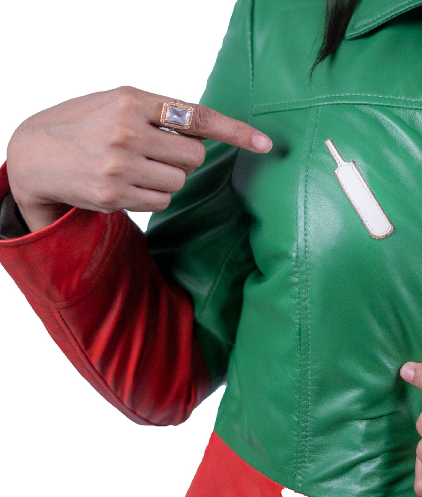 13 - Women’s PTI Themed Green & Red Leather Coat – Patriotic Style