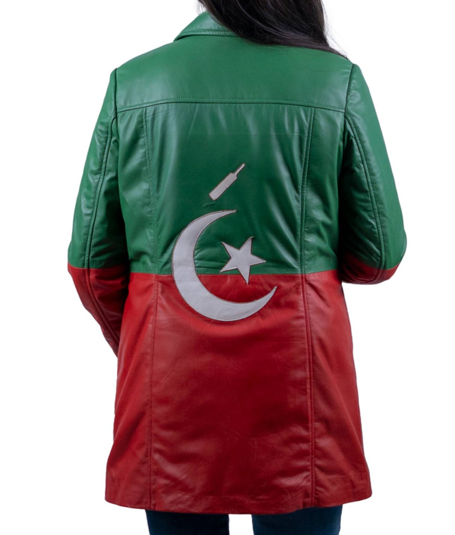 13 - Women’s PTI Themed Green & Red Leather Coat – Patriotic Style