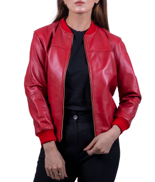 14 - Women’s Red Leather Bomber Jacket – Bold & Chic