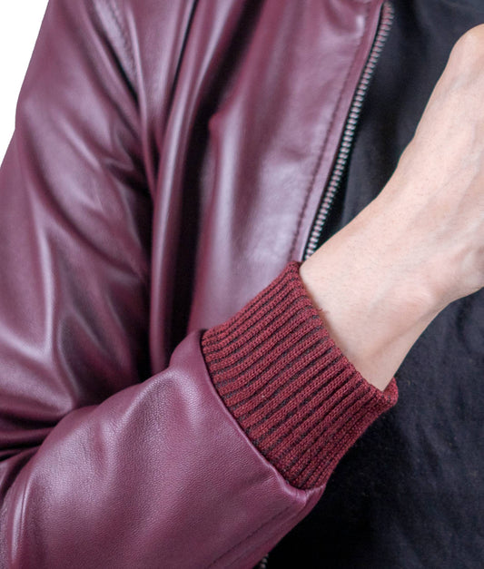 16 – Women’s Maroon Leather Bomber Jacket – Bold Sophistication