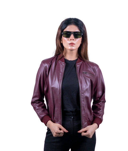 16 – Women’s Maroon Leather Bomber Jacket – Bold Sophistication