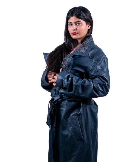 17 – Women’s Black Belted Trench Leather Coat – Luxe Winter Wear