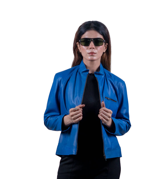 18 – Women’s Royal Blue Leather Bomber Jacket – Vibrant Street Style