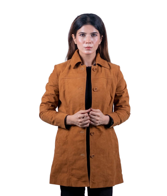 21 – Women’s Camel Brown Suede Long Coat – Refined Warmth
