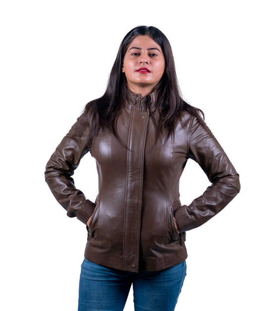 22 – Women’s Chocolate Brown Leather Jacket – Streamlined Fit