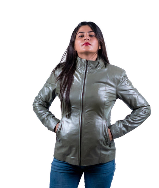 23 – Women’s Olive Green Leather Jacket – Contemporary Edge