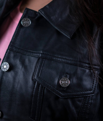 27 – Women’s Black Button-Front Leather Jacket – Classic Rider Look