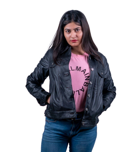 27 – Women’s Black Button-Front Leather Jacket – Classic Rider Look
