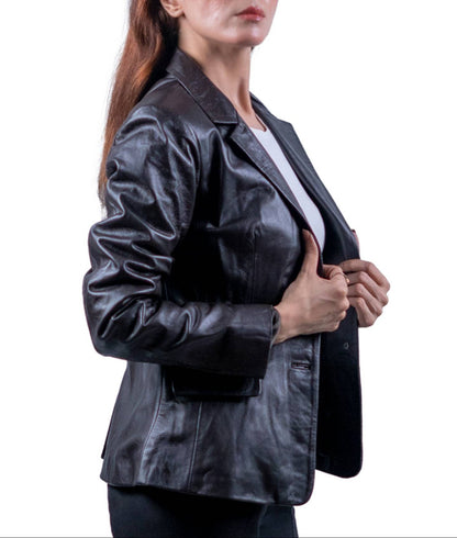 29 – Women’s Espresso Black Leather Blazer – Modern Elegance