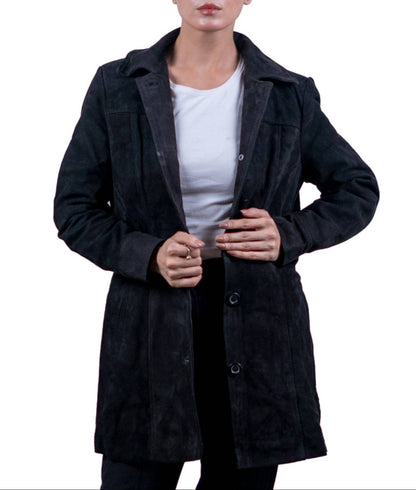 30 – Women’s Black Suede Long Jacket – Timeless Sophistication