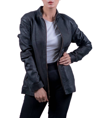 31 – Women’s Black Longline Zip-Up Leather Jacket – Minimalist Edge