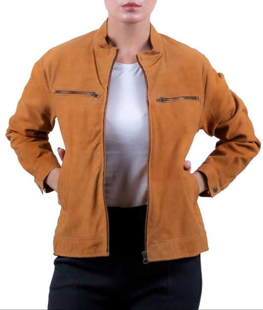 32 – Women’s Tan Suede Bomber Jacket – Casual Comfort