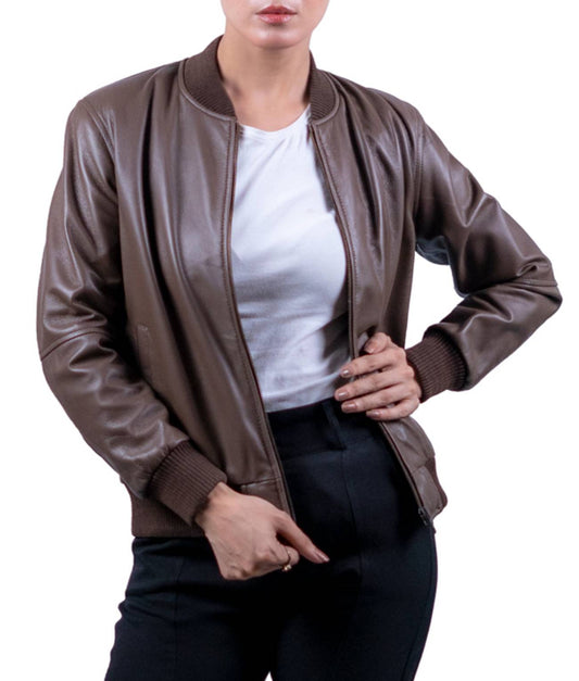 33 – Women’s Brown Leather Bomber Jacket – Classic Casual Comfort