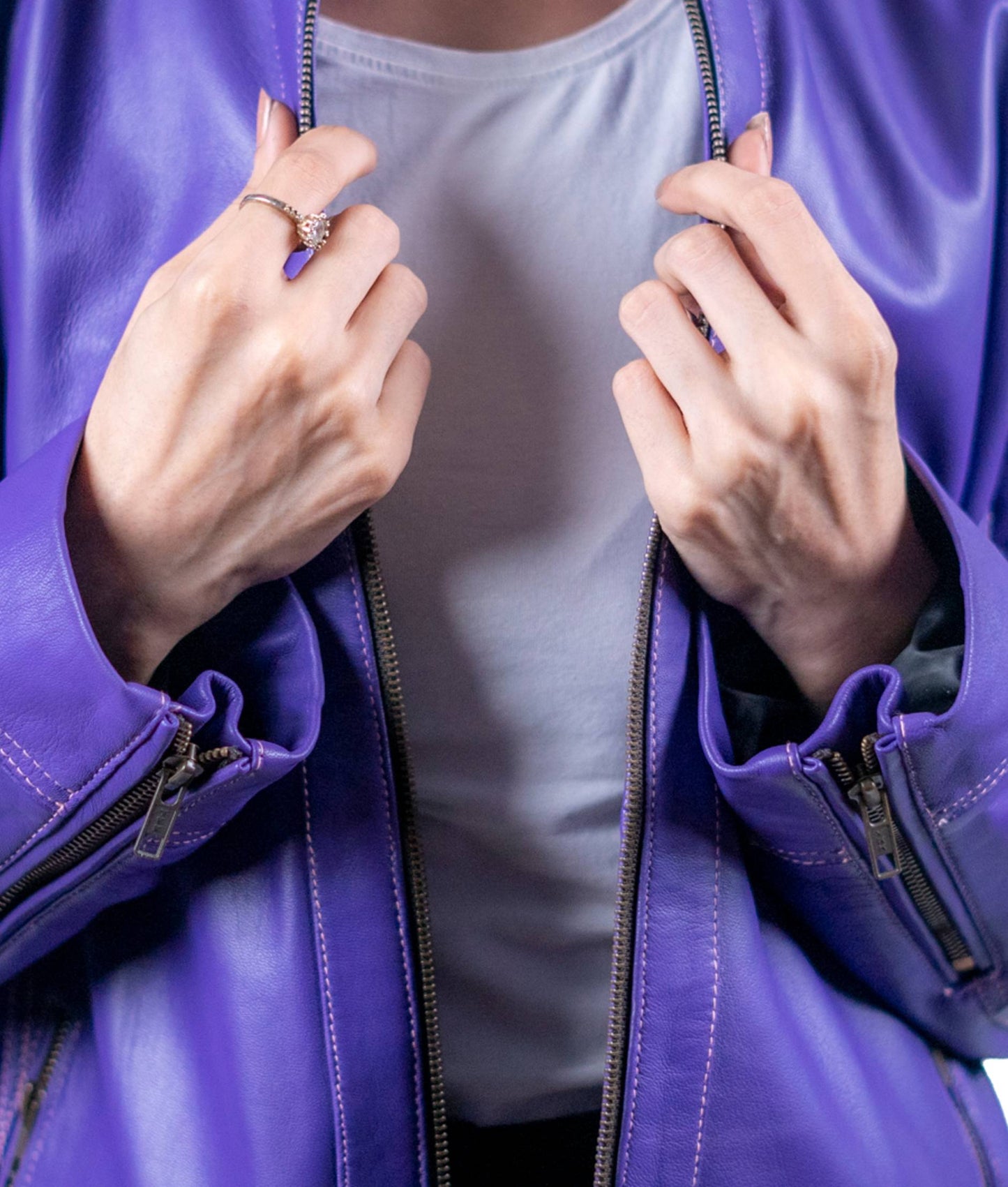 35 - Women’s Purple Stand-Collar Leather Jacket – Bold Modern Minimalism