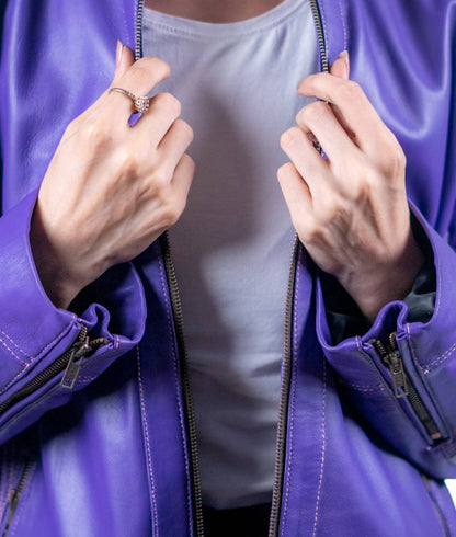 35 - Women’s Purple Stand-Collar Leather Jacket – Bold Modern Minimalism