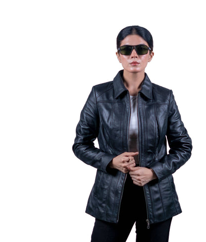 37 - Women’s Black Mid-Length Leather Jacket – Classic Elegance