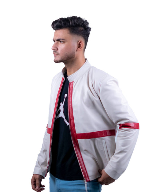 56 – Weiße Herren-Lederjacke mit roten Streifen – Sportlicher Bomber-Stil