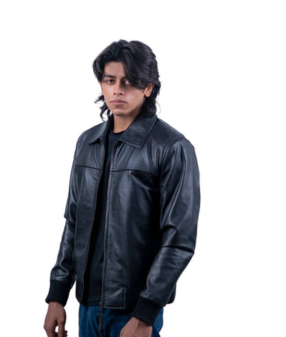 57 – Klassische schwarze Bomber-Lederjacke für Herren – Gerippter Saum und Bündchen