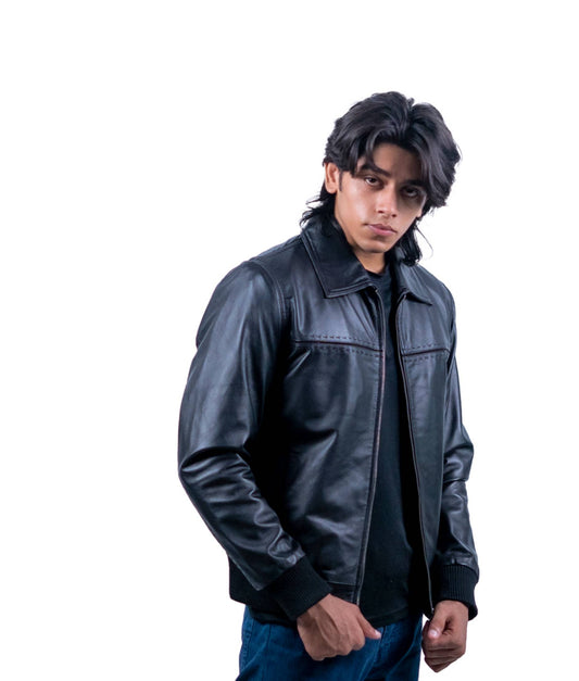 57 – Klassische schwarze Bomber-Lederjacke für Herren – Gerippter Saum und Bündchen