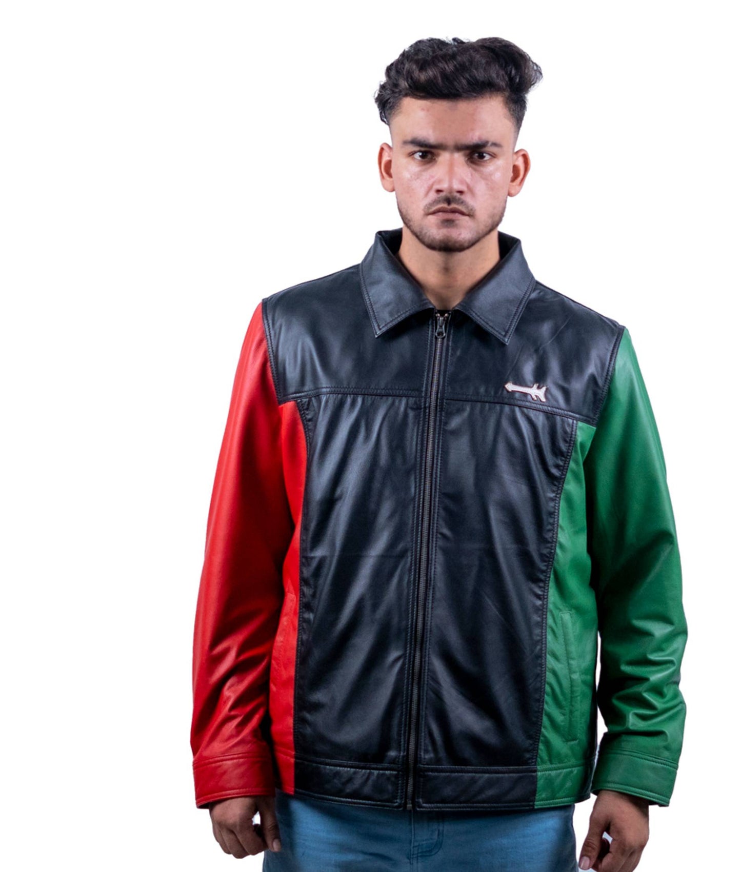 58 - Tri-Color Leather Jacket for Men – Red, Black & Green Street Style