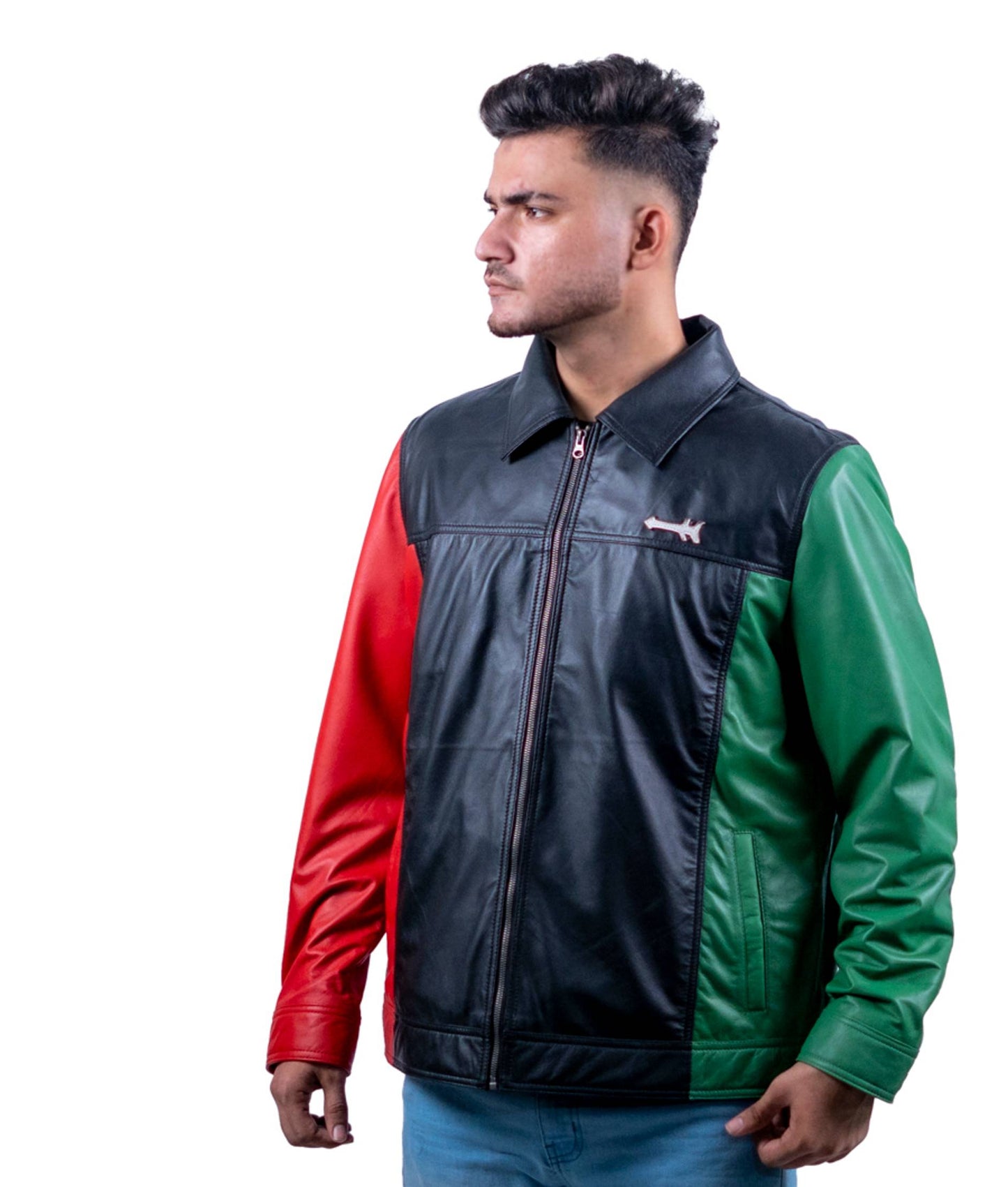 58 - Tri-Color Leather Jacket for Men – Red, Black & Green Street Style