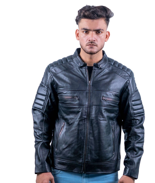 60 – Gesteppte schwarze Biker-Lederjacke für Herren – Gepolsterte Schultern und Arme