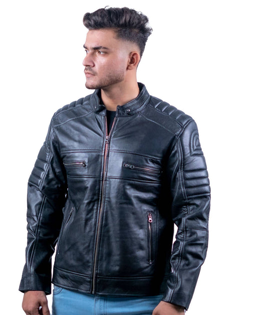 60 - Men's Quilted Black Biker Leather Jacket – Padded Shoulders & Arms
