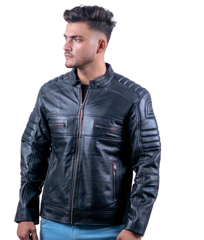 60 – Gesteppte schwarze Biker-Lederjacke für Herren – Gepolsterte Schultern und Arme