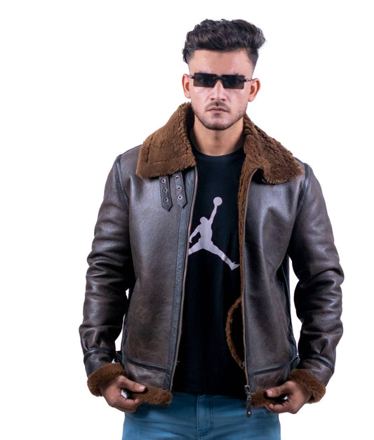 62 – Braune Lammfell-Lederjacke für Herren – Fliegerstil mit Kunstpelzfutter
