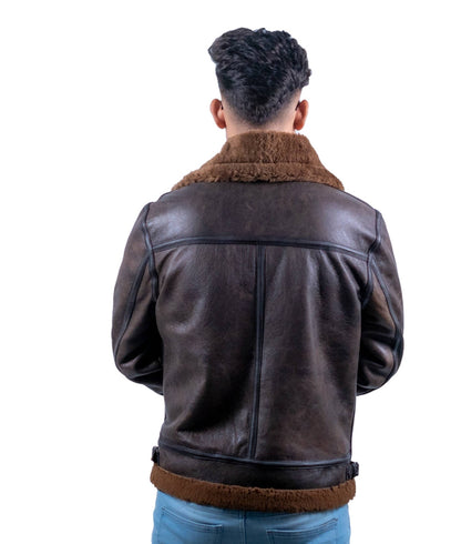 62 – Braune Lammfell-Lederjacke für Herren – Fliegerstil mit Kunstpelzfutter