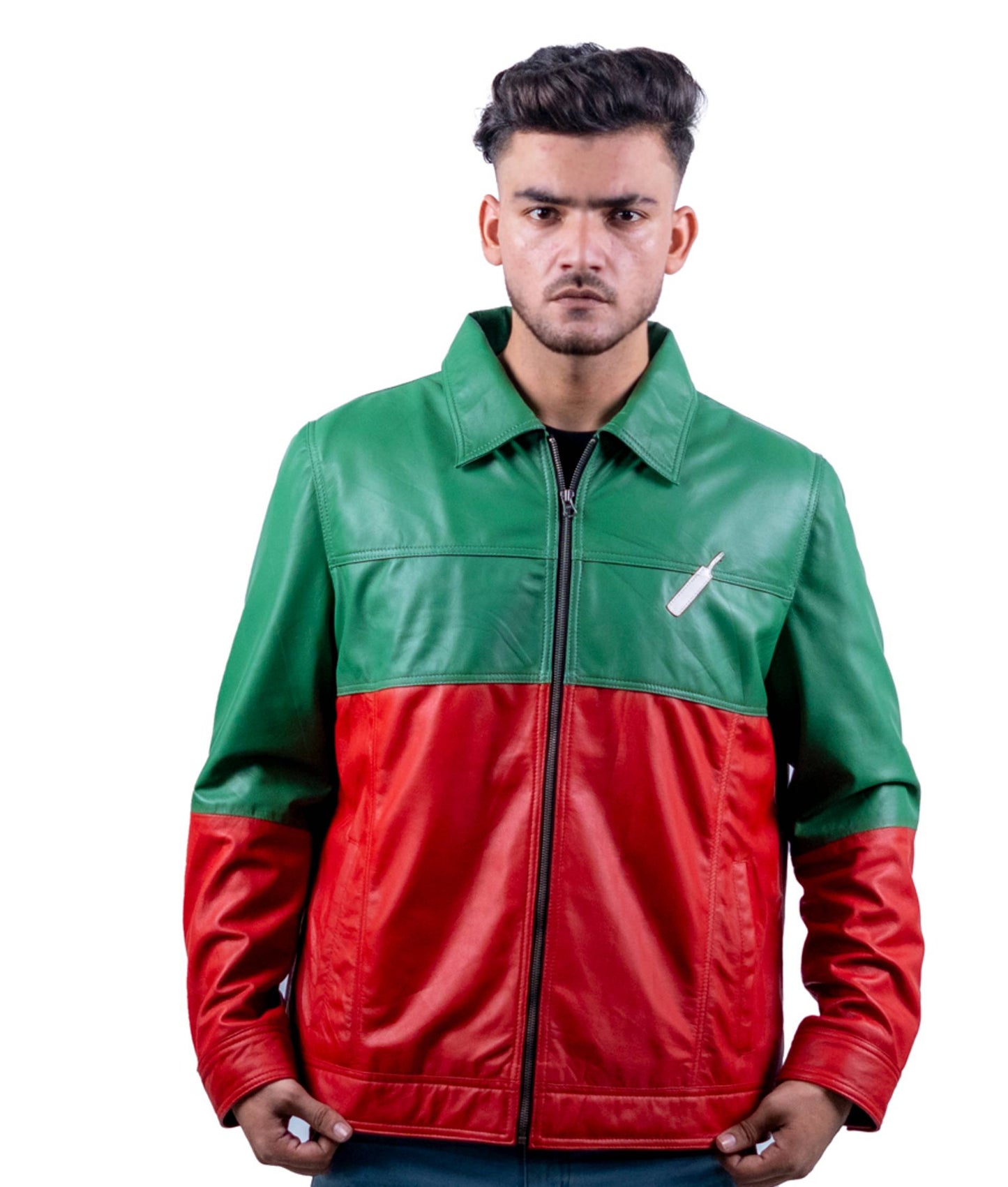 64 - Patriotic Green & Red Leather Jacket – Cricket Bat Emblem Edition