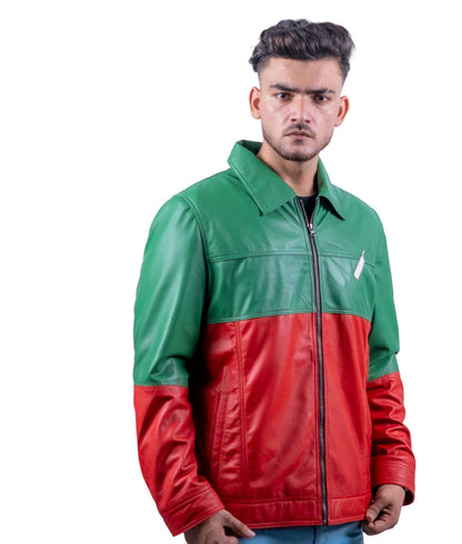 64 - Patriotic Green & Red Leather Jacket – Cricket Bat Emblem Edition