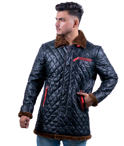68 - Quilted Longline Leather Jacket – Black with Red Zippers & Brown Fur Lining