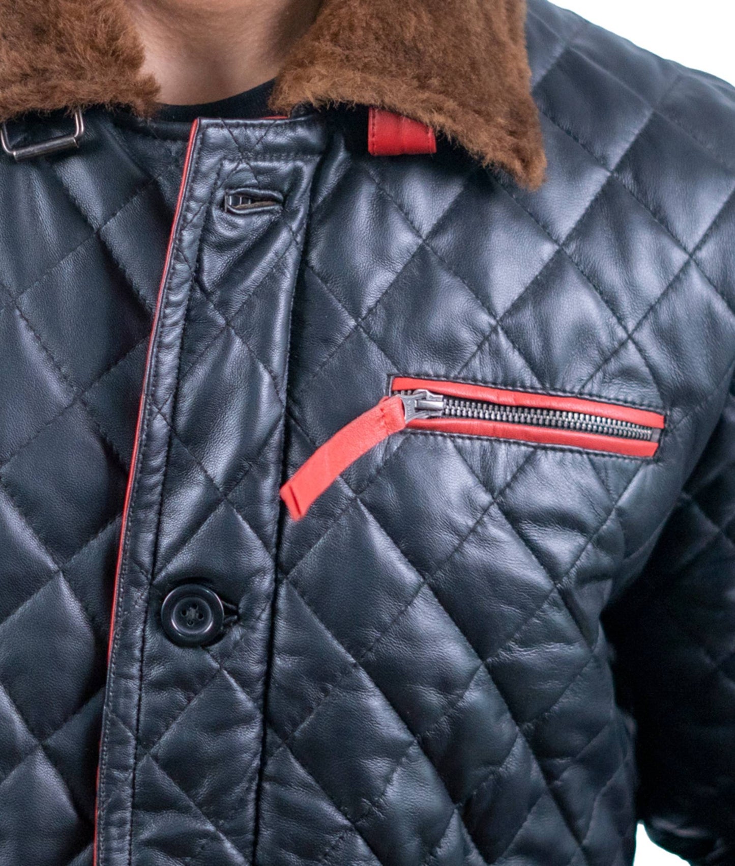 68 - Quilted Longline Leather Jacket – Black with Red Zippers & Brown Fur Lining